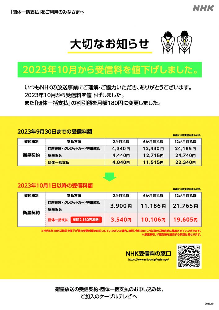 NHKでは2023年10月から受信料を値下げします。また団体一括支払の割引額を月180円に変更します